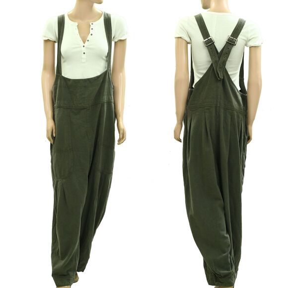 Free People We The Free Felix Tapered Overalls Jumpsuit Pinafore Olive M 283554 - Picture 8 of 11